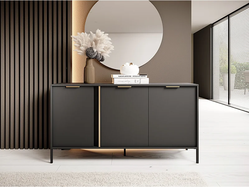 Madia moderna 153x81cm con 3 ante antracite con dettagli oro MALK12