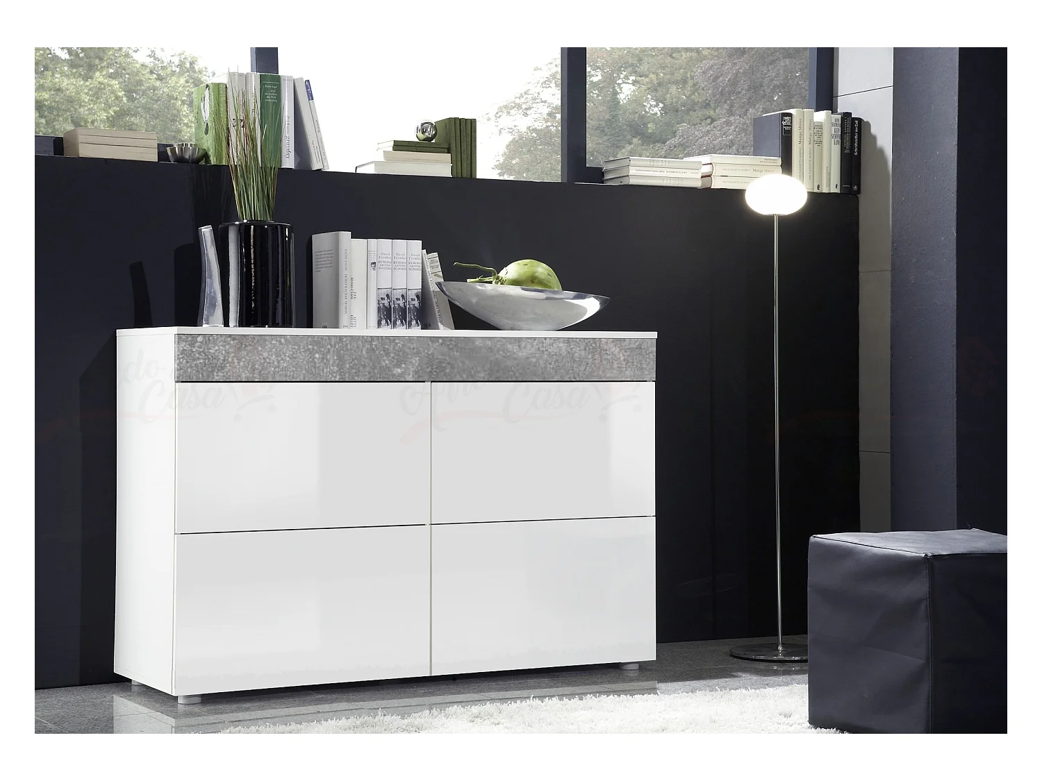Madia design moderno per soggiorno con quattro vani 100x75 bianco opaco e bianco lucido MP5