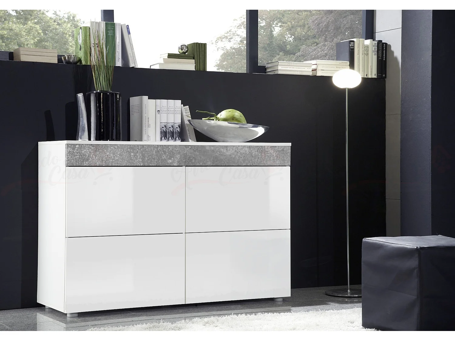 Madia design moderno per soggiorno con quattro vani 100x75 bianco opaco e bianco lucido MP5