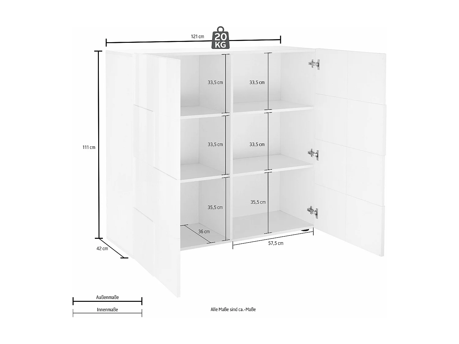 Credenza da salotto con due ante design geometrico 121x111 MCL3 bianco lucido