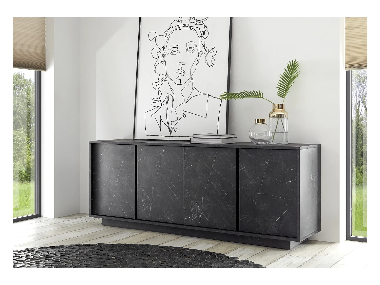 Madia design moderno con quattro ante battenti finitura effetto marmo 180x79 ML22 marmo nero