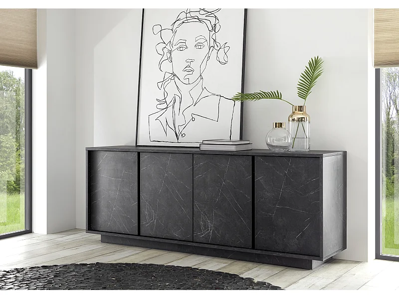Madia design moderno con quattro ante battenti finitura effetto marmo 180x79 ML22 marmo nero
