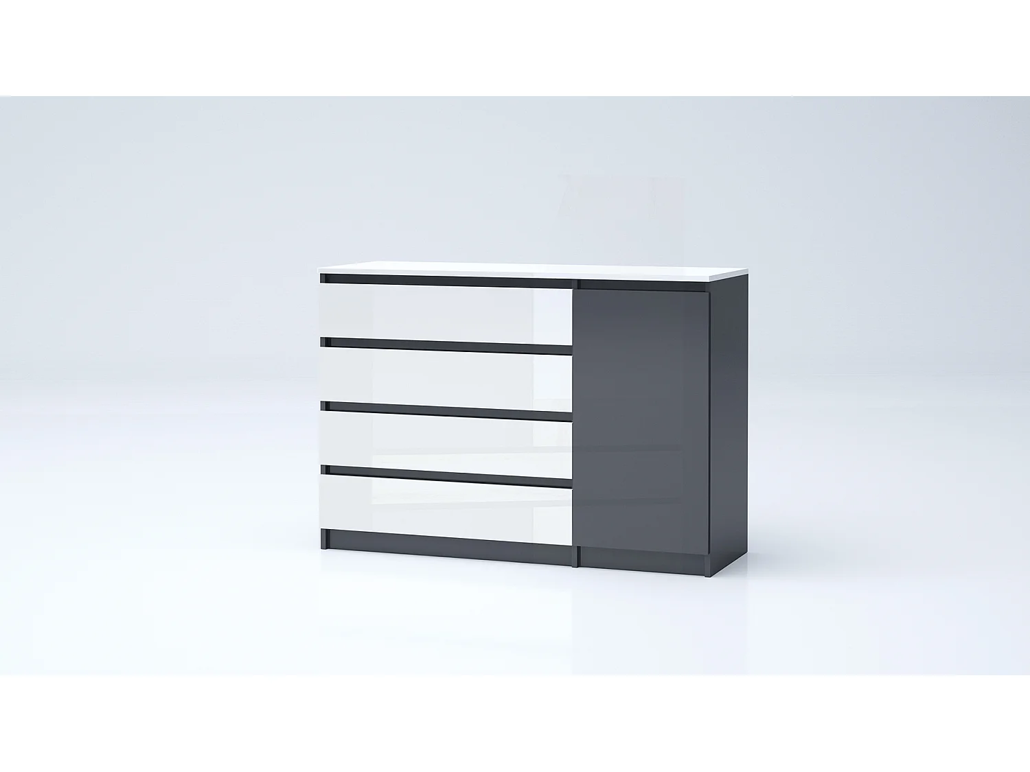 Madia grande per soggiorno 120x86 cm con 4 cassetti bianco lucido e antracite MG7