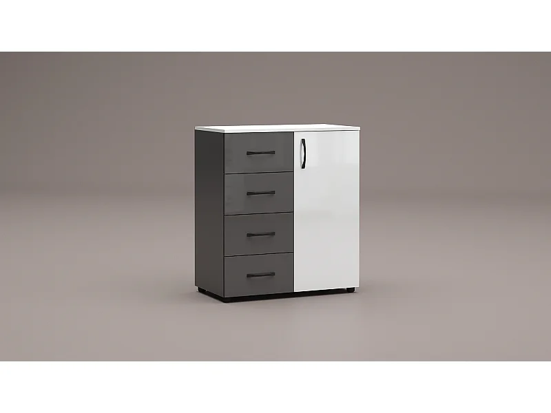 Madia piccola per soggiorno con 4 cassetti e 1 anta, bianco lucido e antracite MG2