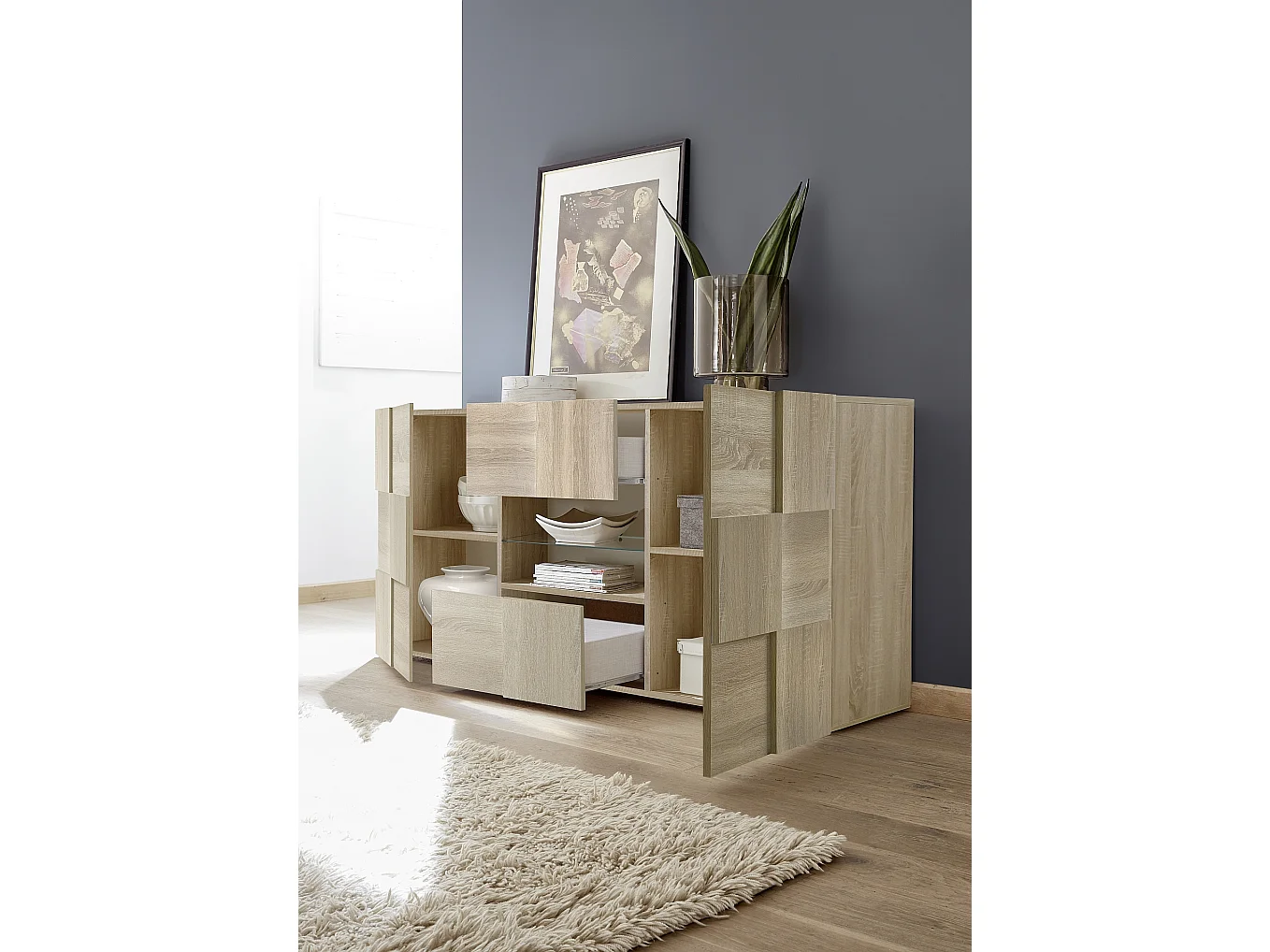 Madia con frontale geometrico due ante e due cassetti per soggiorno 181x84 ML9 rovere sonoma