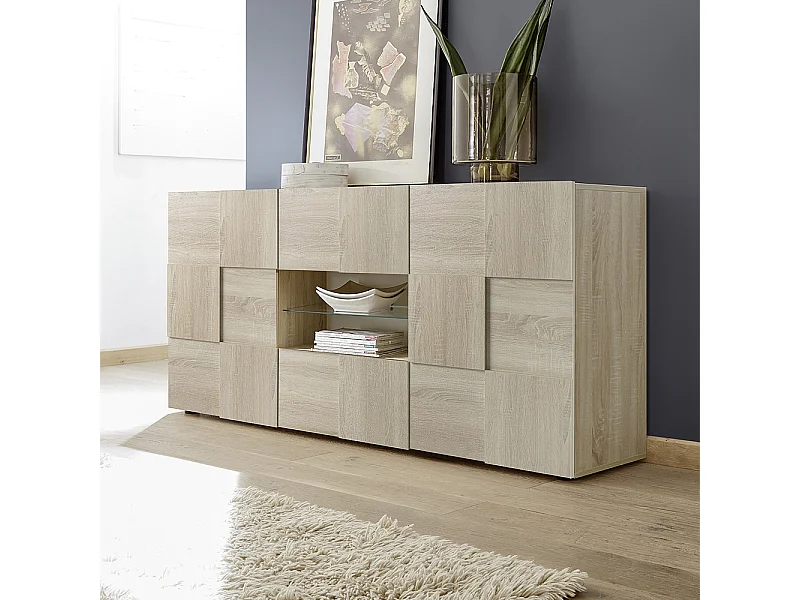 Madia con frontale geometrico due ante e due cassetti per soggiorno 181x84 ML9 rovere sonoma