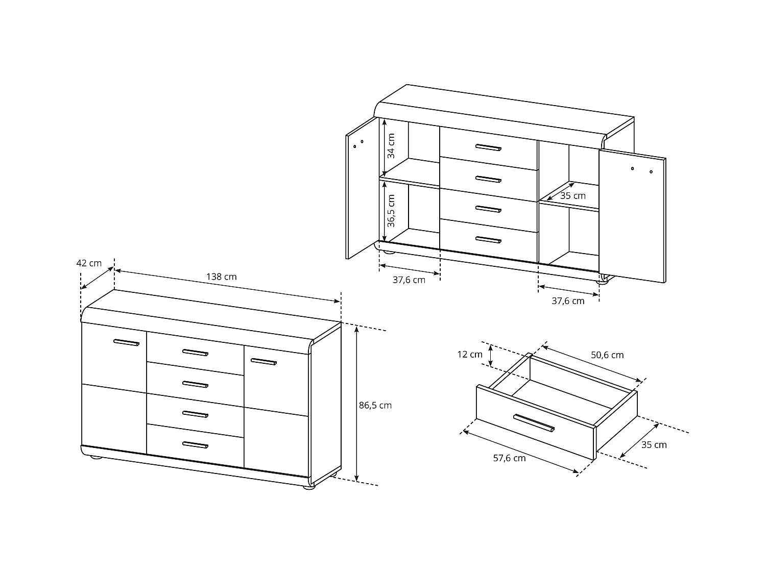 Madia moderna 138x87cm con 2 ante e 4 cassetti rovere chiaro MALK23