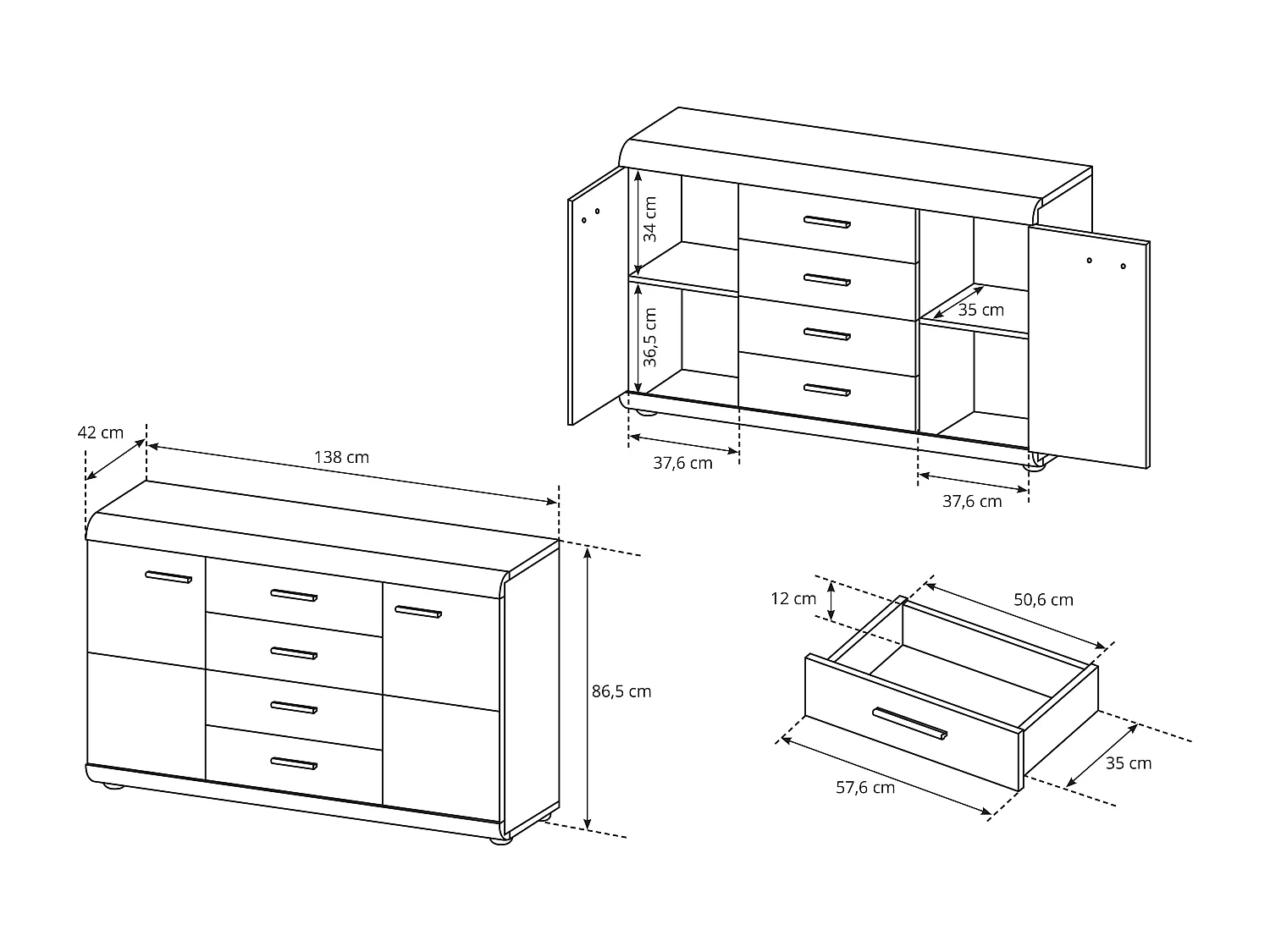 Madia moderna 138x87cm con 2 ante e 4 cassetti rovere chiaro MALK23