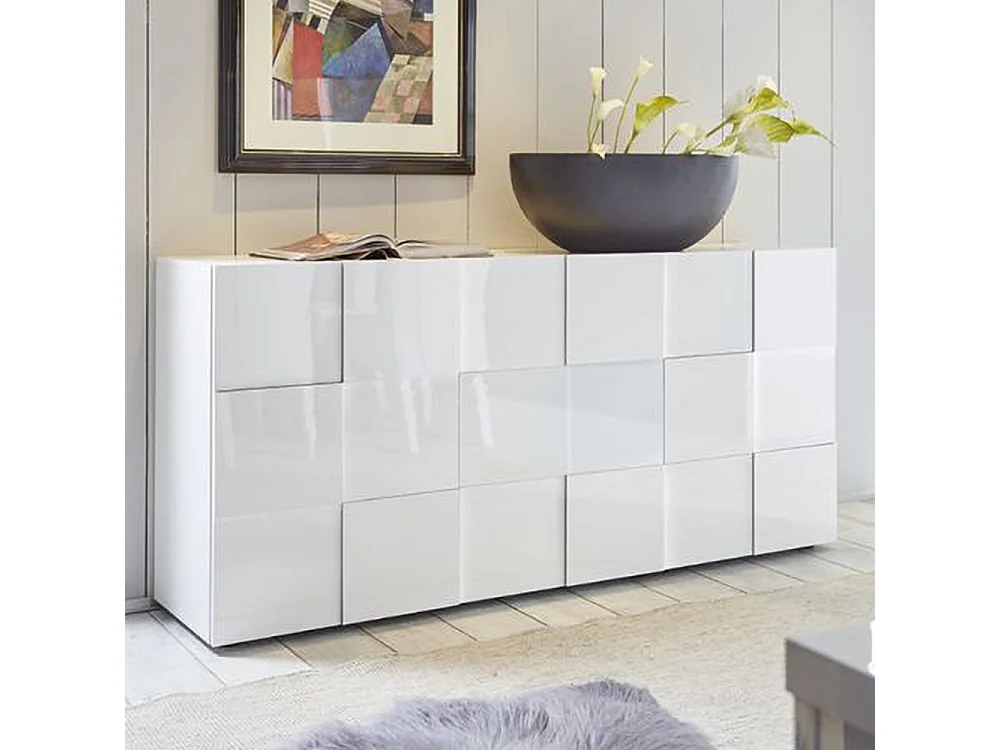 Madia da soggiorno con frontale geometrico a tre ante battenti 181x84 ML10 bianco lucido