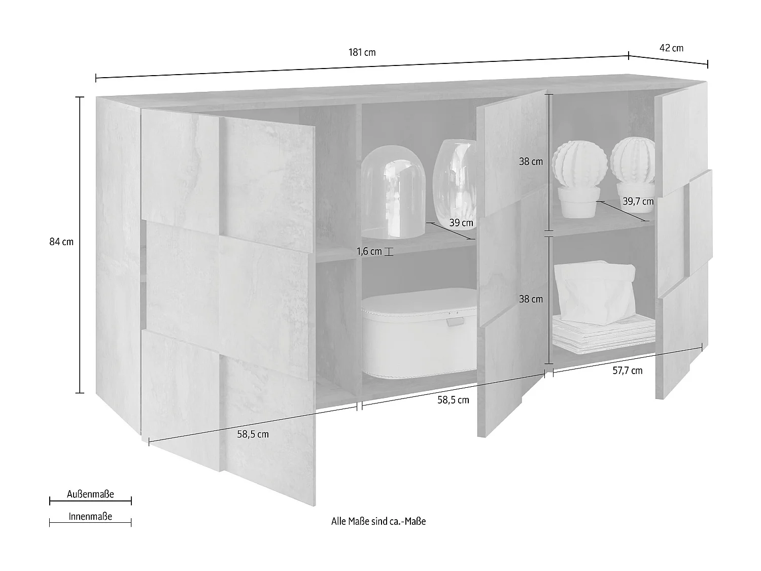 Madia da soggiorno con frontale geometrico a tre ante battenti 181x84 ML10 bianco lucido