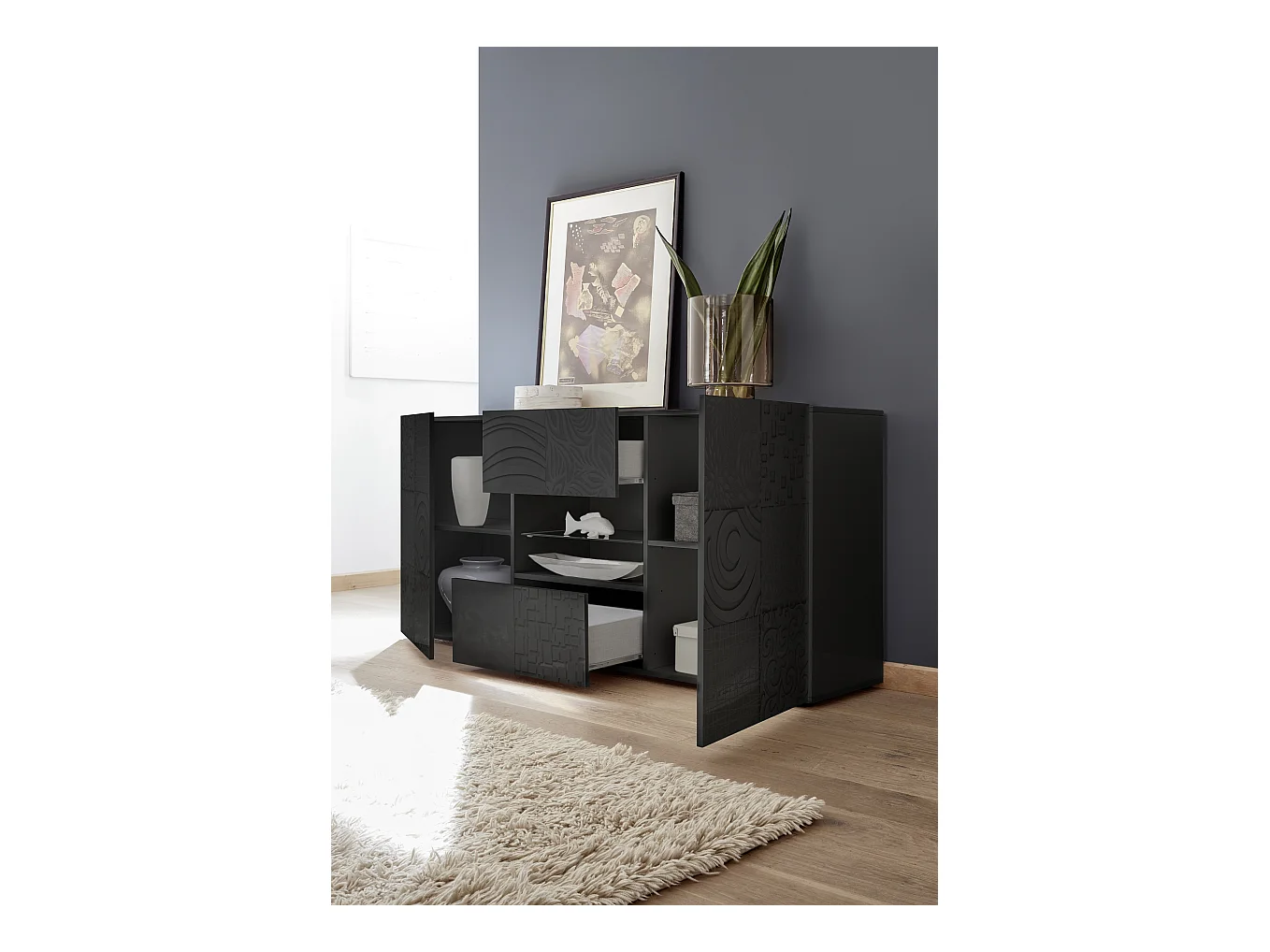 Madia moderna per la zona giorno con due ante e due cassetti serigrafato 181x84 ML35 grigio lucido