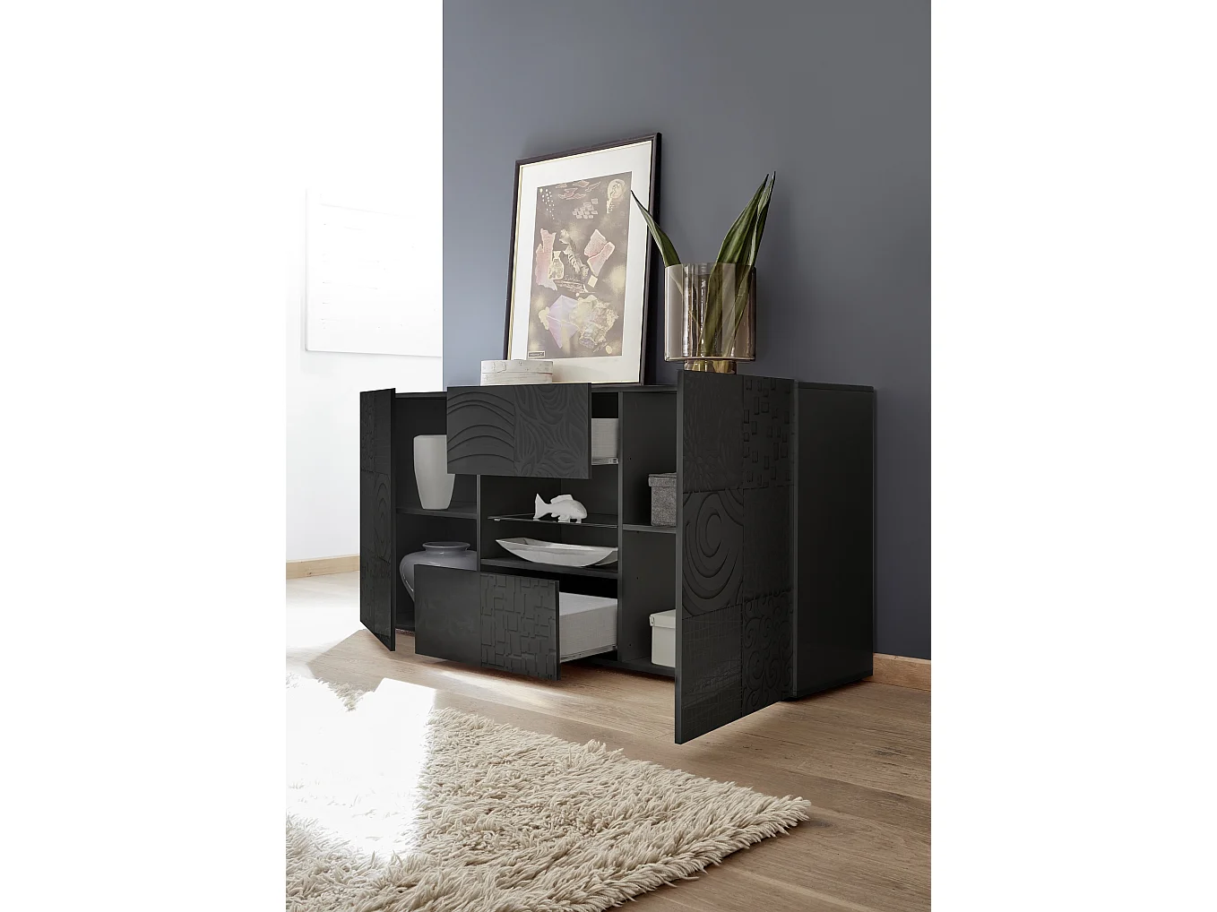 Madia moderna per la zona giorno con due ante e due cassetti serigrafato 181x84 ML35 grigio lucido