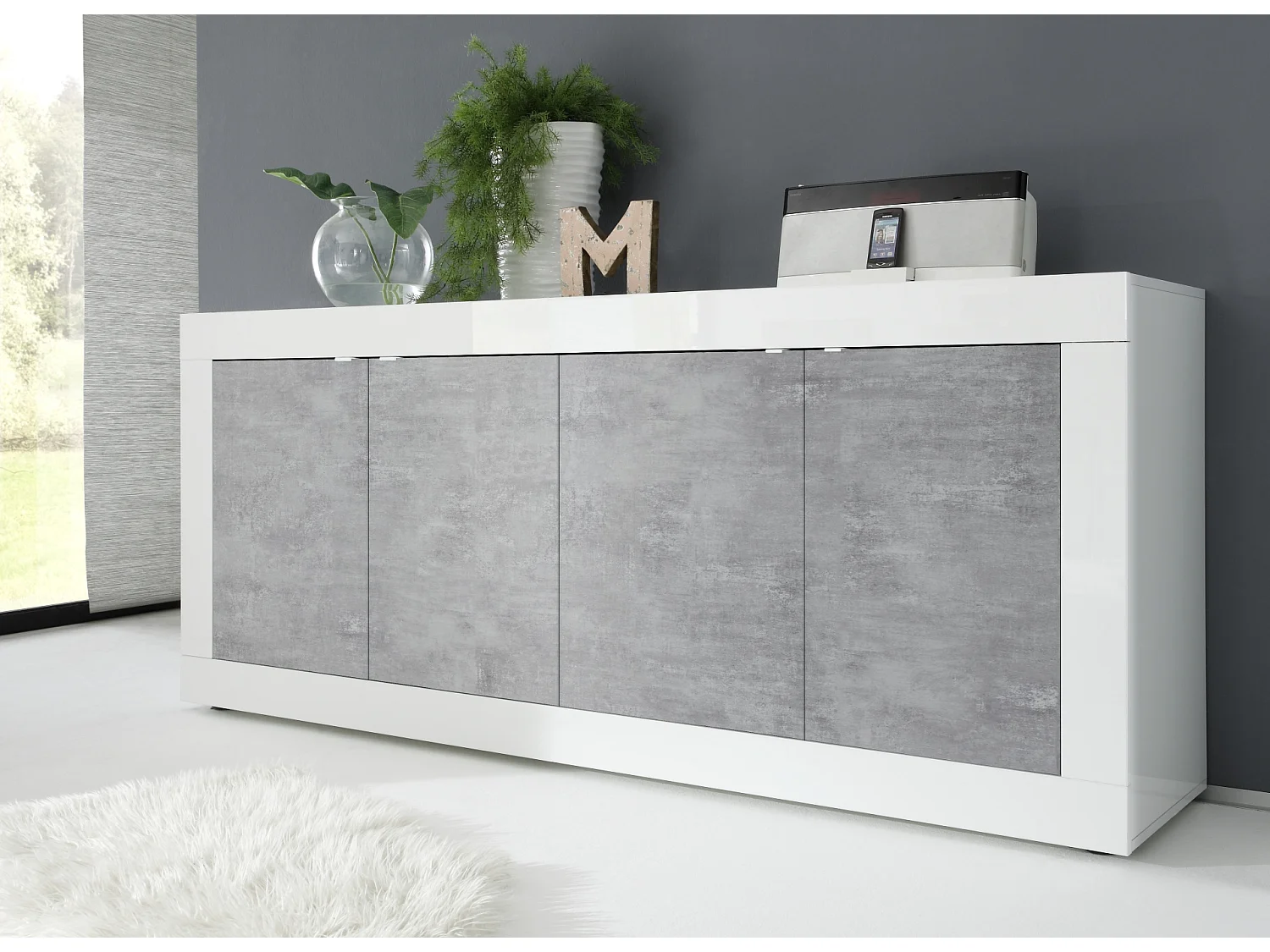 Madia moderna a quattro ante da soggiorno design moderno 207x86 ML4 bianco e cemento