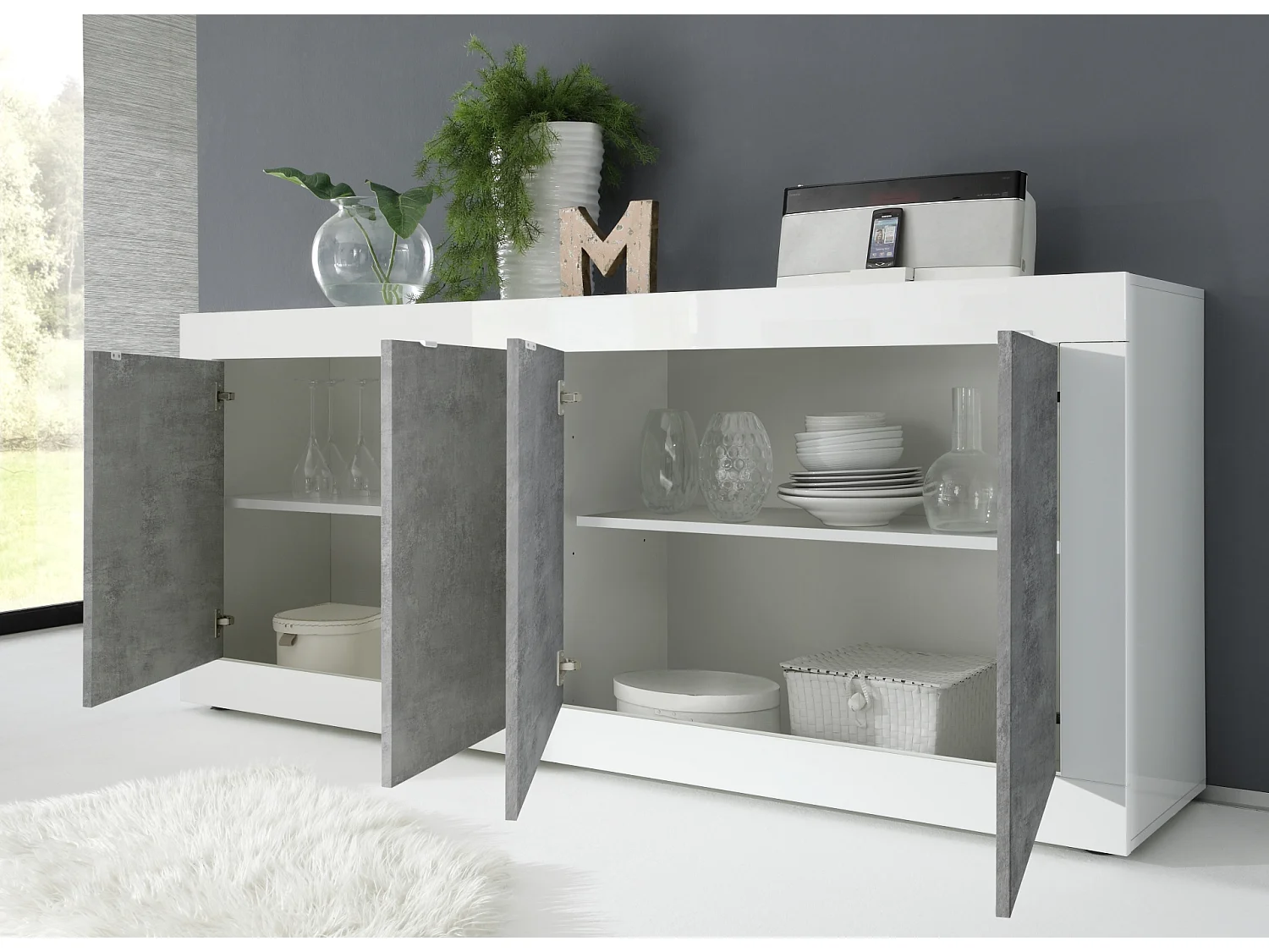 Madia moderna a quattro ante da soggiorno design moderno 207x86 ML4 bianco e cemento