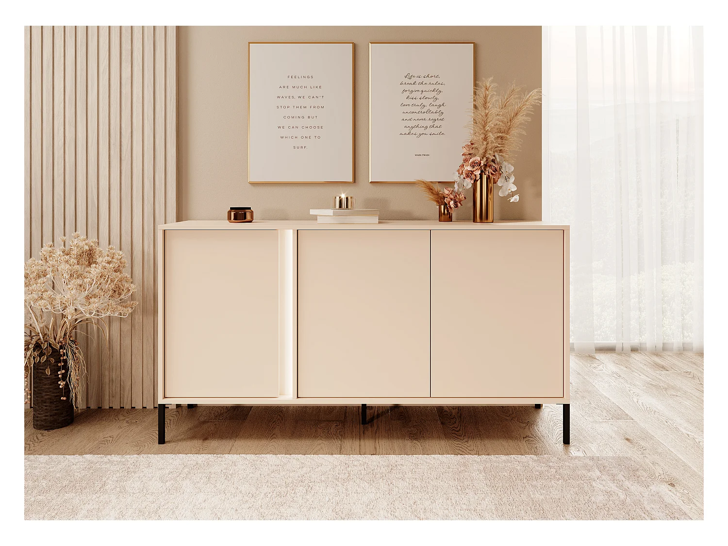 Madia moderna 153x81cm con luce LED 3 ante beige MALK7