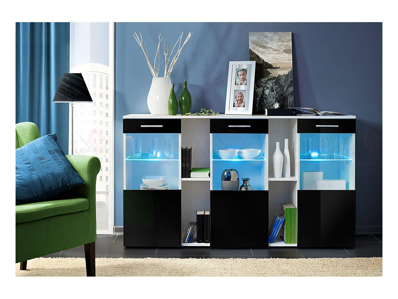 Madia per soggiorno design moderno con tre ante in vetro illuminate a LED 160x92 bianco e nero lucido MP6