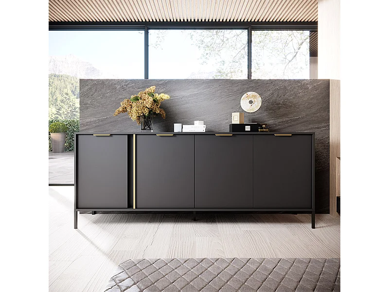 Madia moderna 203x81cm con 4 ante antracite con dettagli oro MALK13