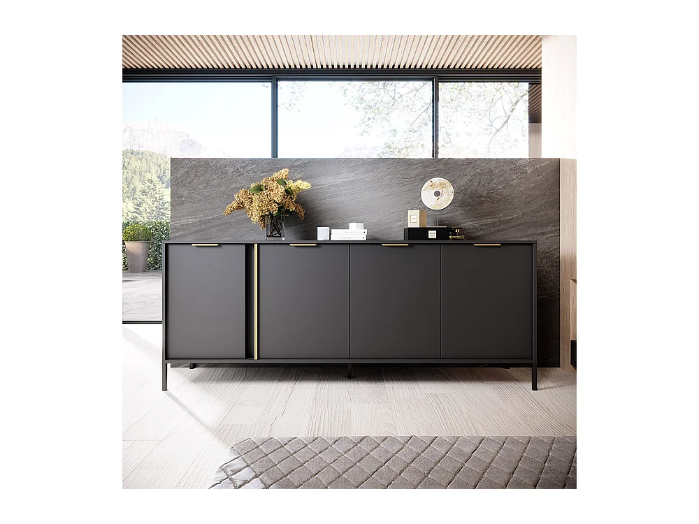 Madia moderna 203x81cm con 4 ante antracite con dettagli oro MALK13