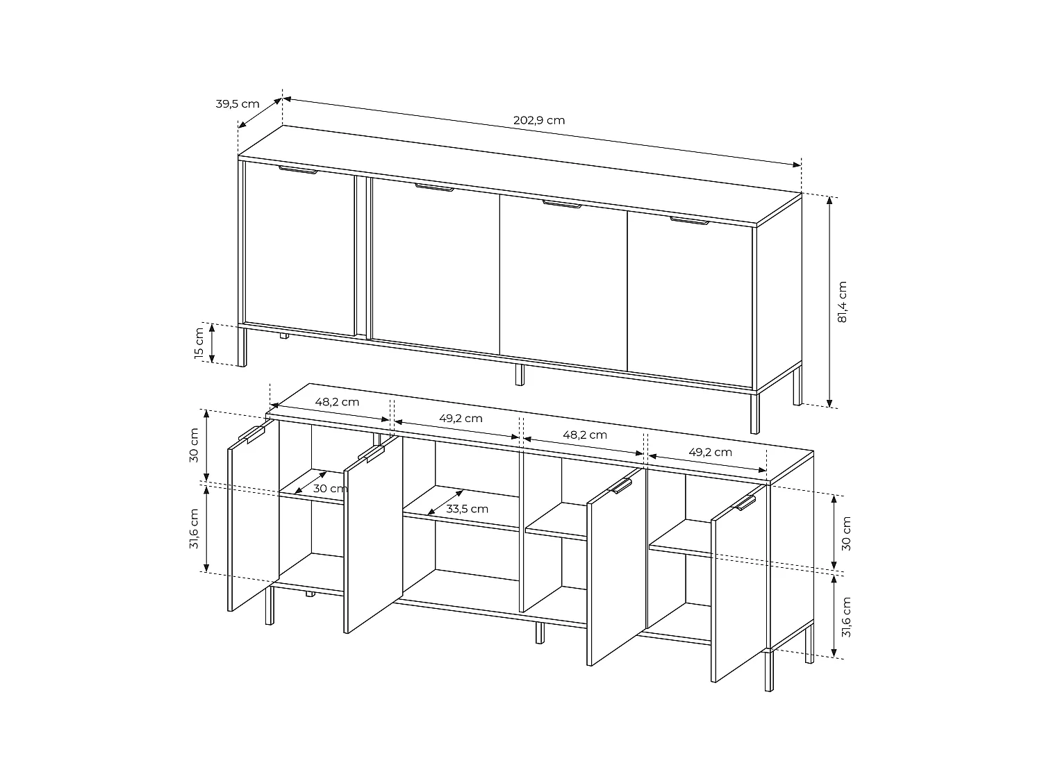 Madia moderna 203x81cm con 4 ante antracite con dettagli oro MALK13