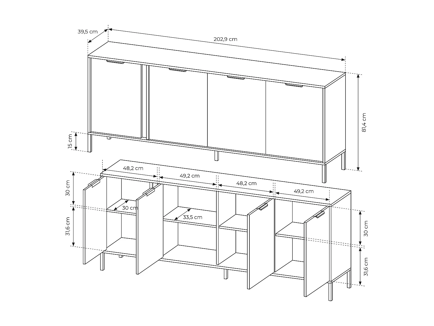 Madia moderna 203x81cm con 4 ante antracite con dettagli oro MALK13