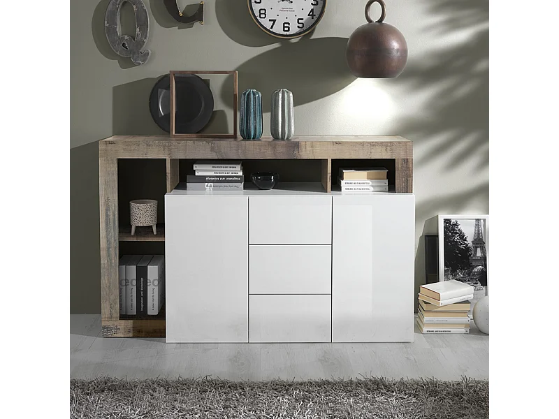 Madia con due ante e tre cassetti e ripiano zona giorno design moderno 146x93 ML19 bianco e pero