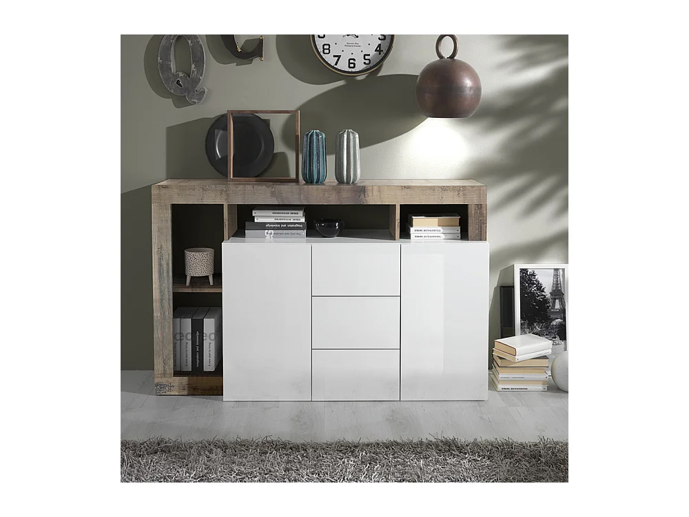 Madia con due ante e tre cassetti e ripiano zona giorno design moderno 146x93 ML19 bianco e pero
