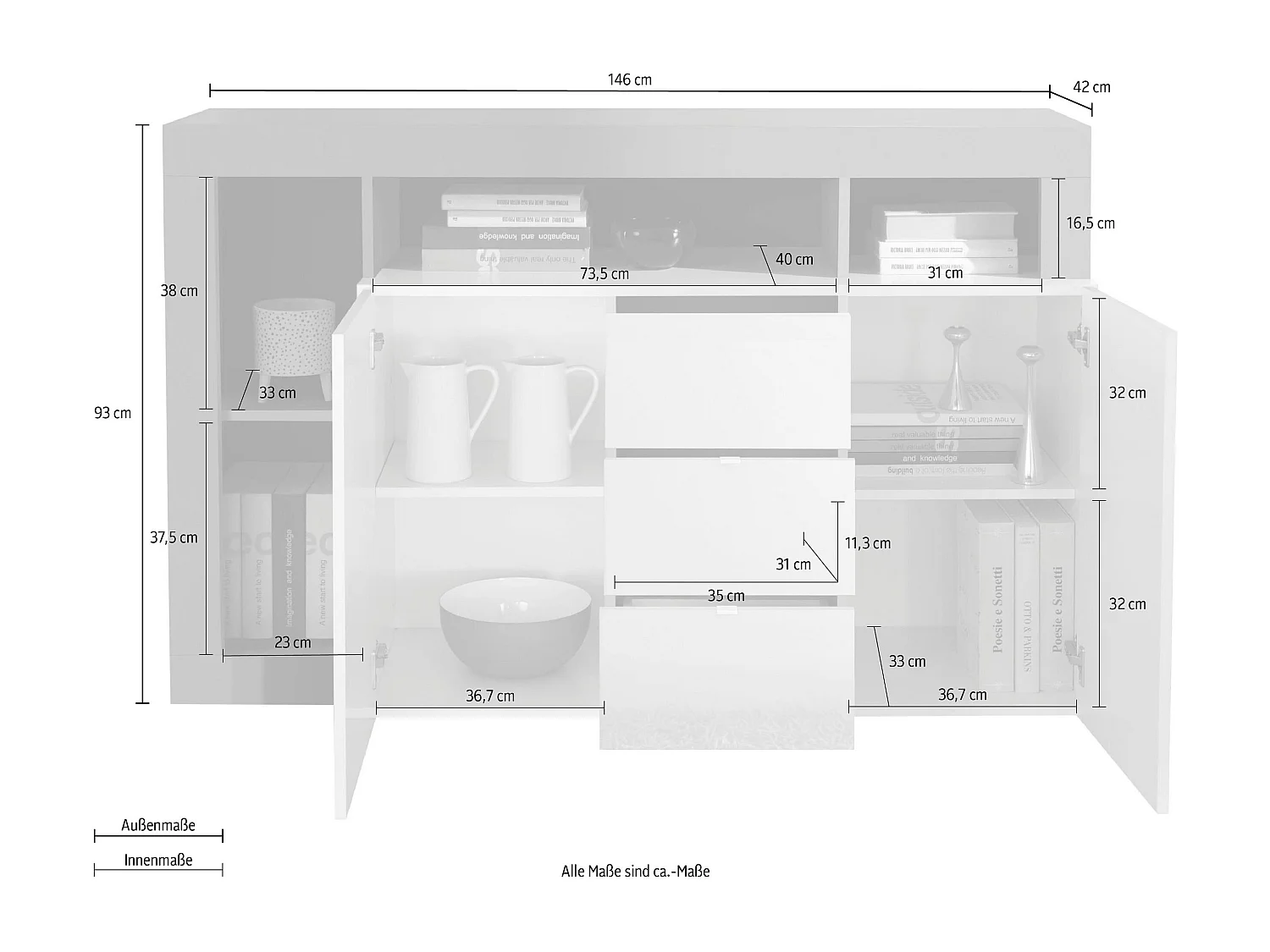 Madia con due ante e tre cassetti e ripiano zona giorno design moderno 146x93 ML19 bianco e pero