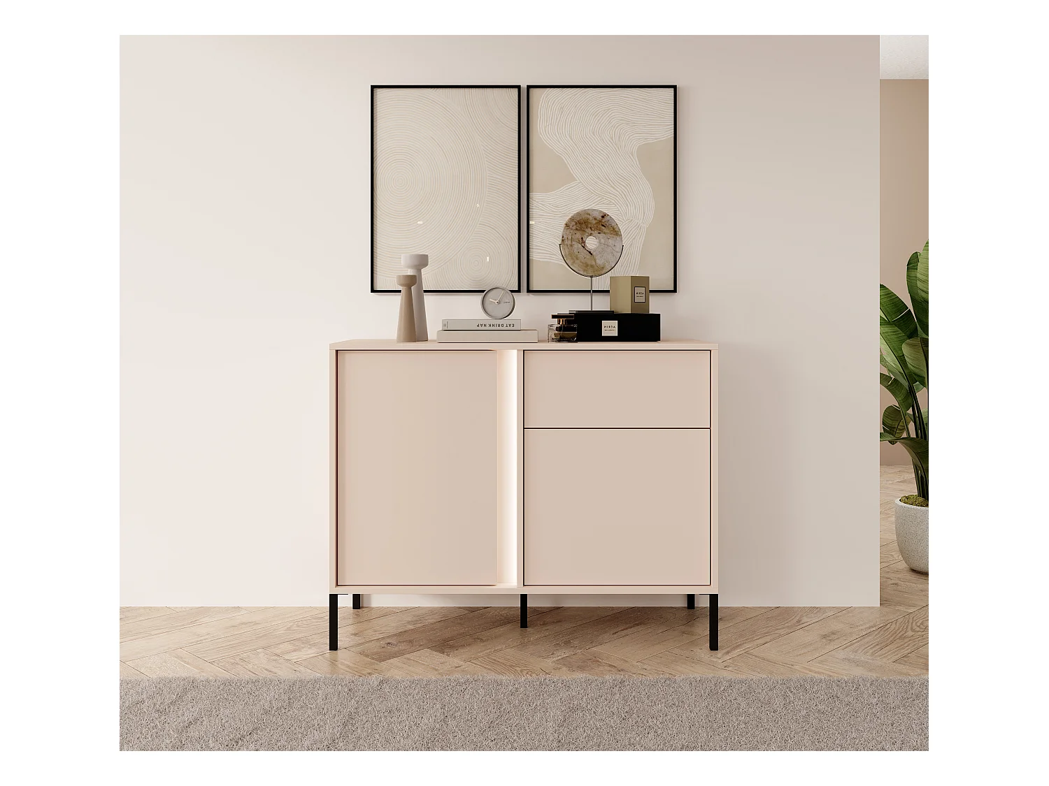 Madia moderna 103x81cm con luce LED 2 ante e 1 cassetto beige MALK8