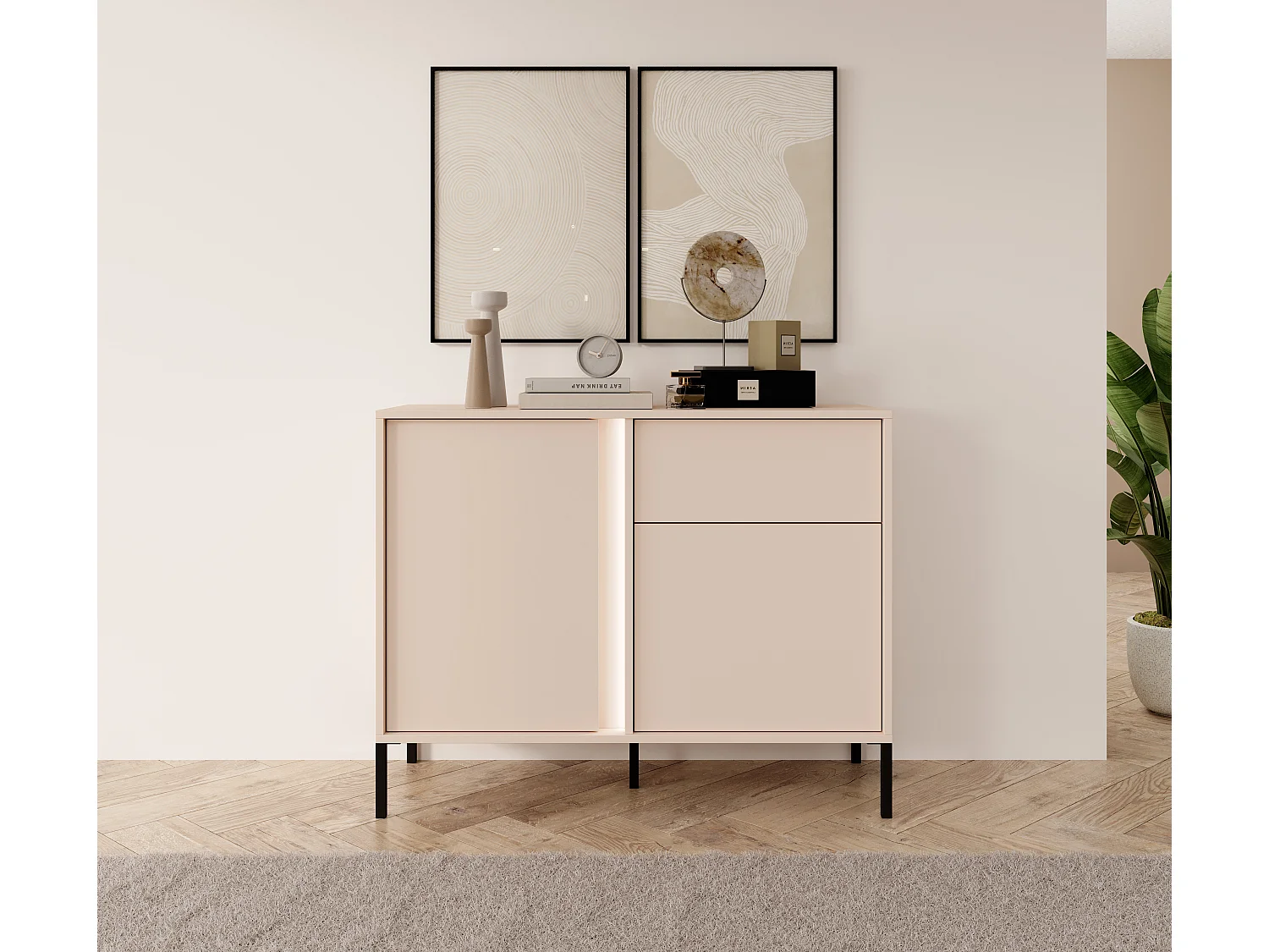 Madia moderna 103x81cm con luce LED 2 ante e 1 cassetto beige MALK8