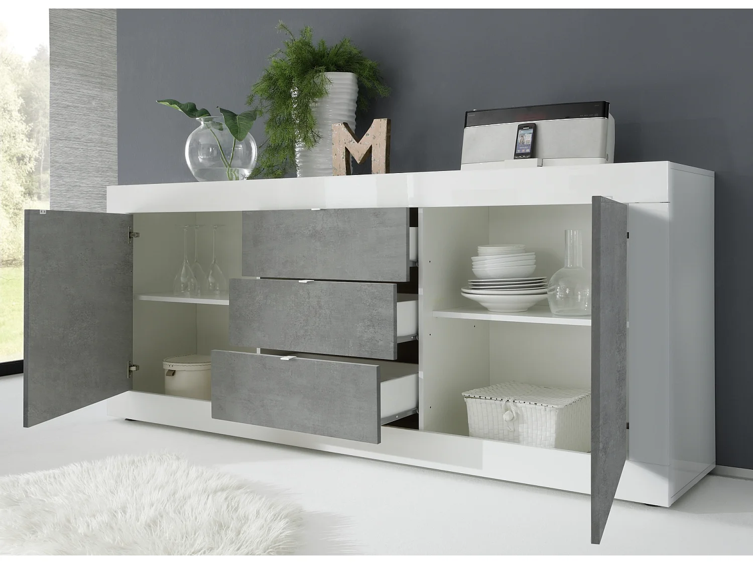 Madia moderna con tre cassetti e due ante per soggiorno design moderno 210x86 ML5 bianco e cemento