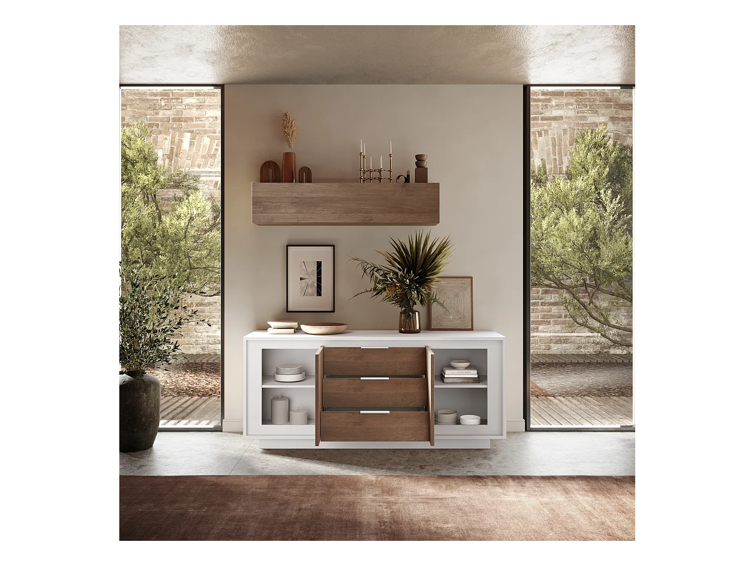 Madia moderna 2 ante 184x80 cm bianco opaco e rovere scuro ML55