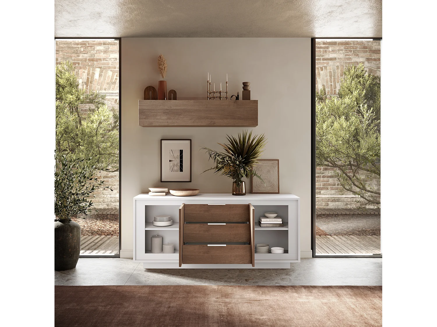 Madia moderna 2 ante 184x80 cm bianco opaco e rovere scuro ML55