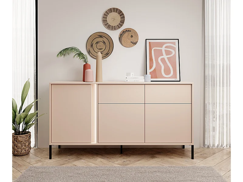 Madia moderna 153x81cm con luce LED  3 ante e 2 cassetti beige MALK6