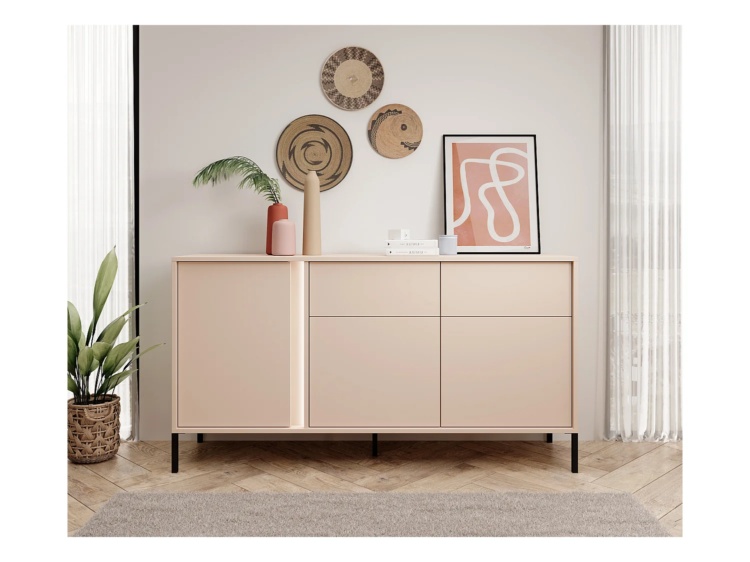 Madia moderna 153x81cm con luce LED  3 ante e 2 cassetti beige MALK6