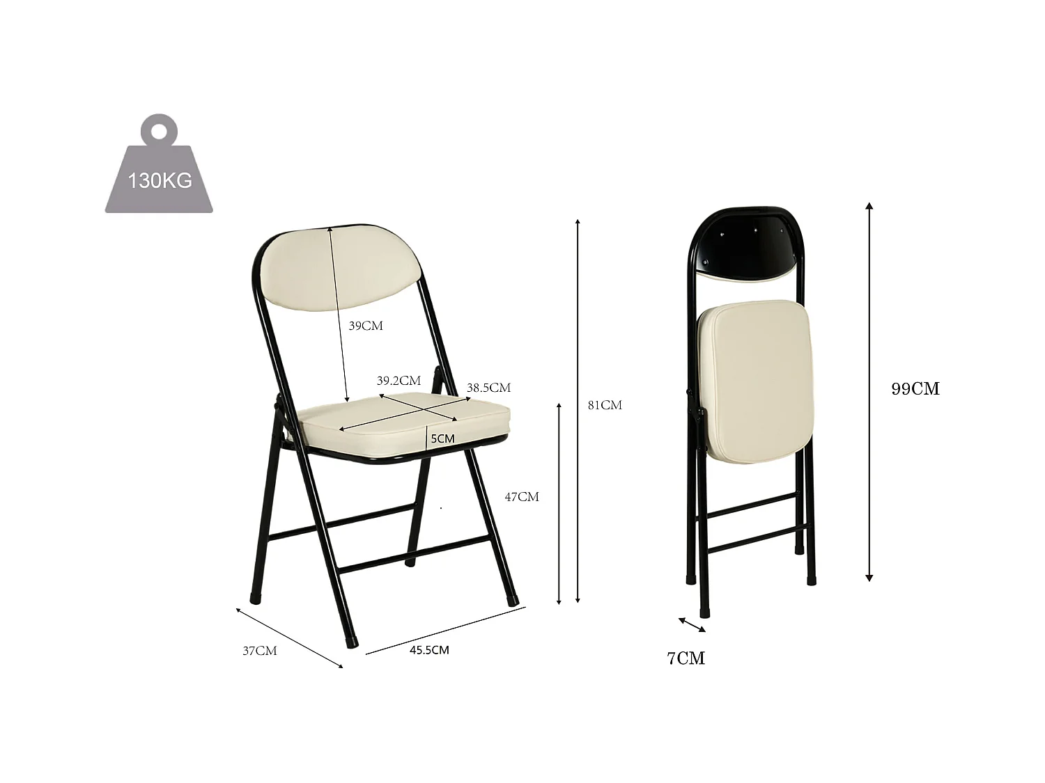 Hooma - Lot de 4 chaises pliantes confortables rembourrées avec coussin en PVC - Beige