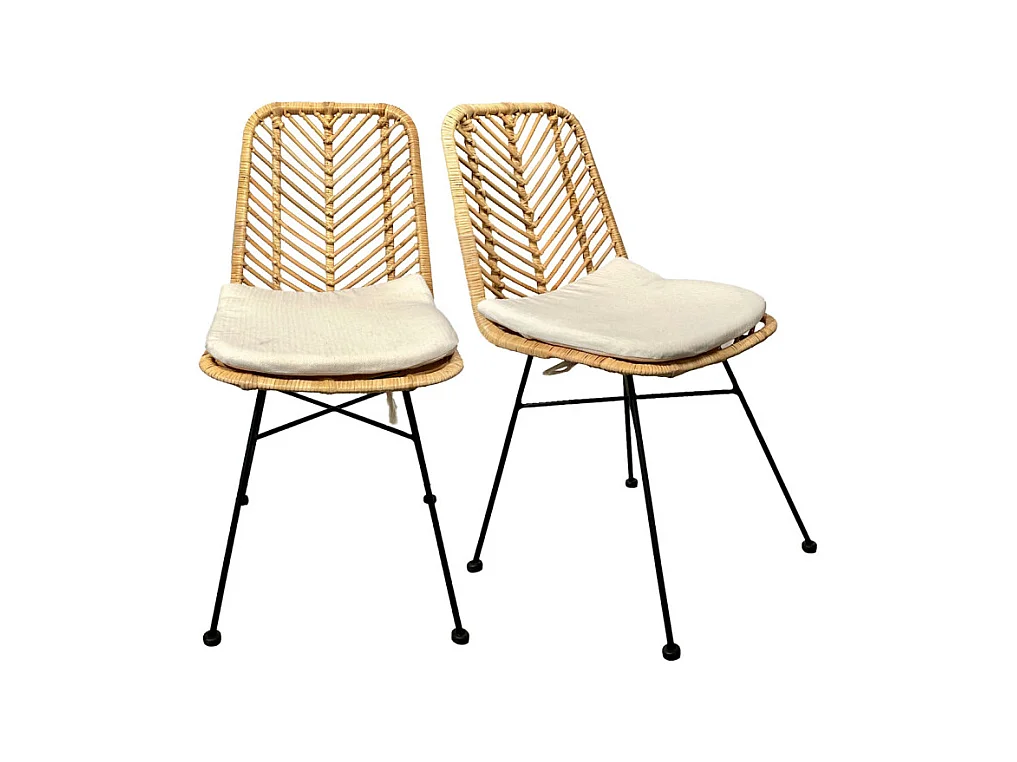 Lot 2 chaises en rotin naturel tressé et pieds métal noir – KANDY 2