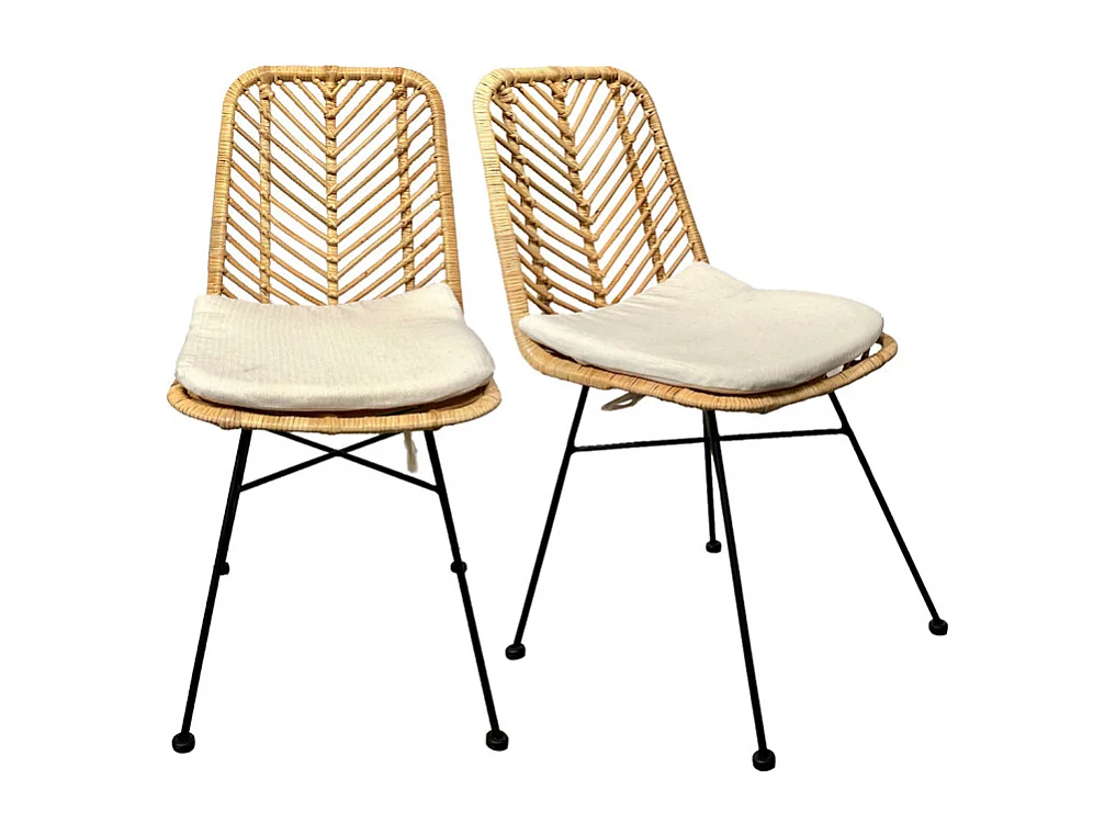 Lot 2 chaises en rotin naturel tressé et pieds métal noir – KANDY 2