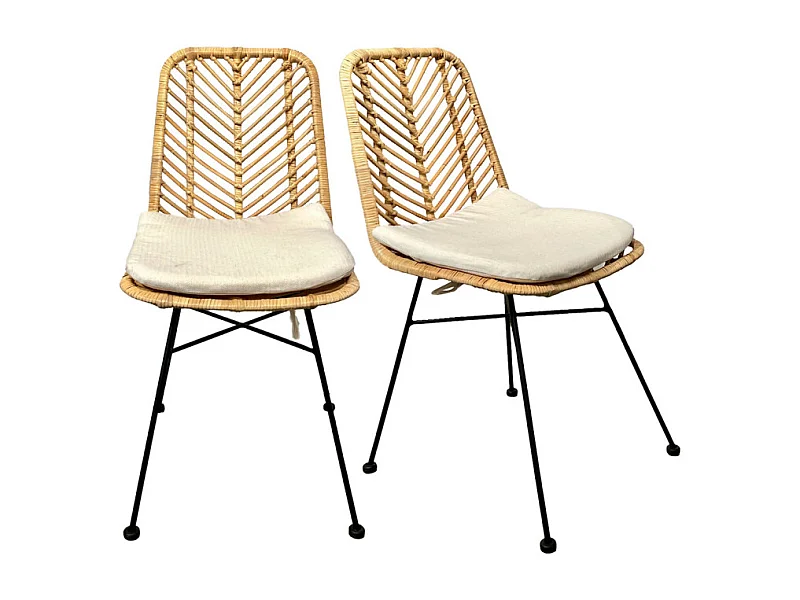 Lot 2 chaises en rotin naturel tressé et pieds métal noir – KANDY 2