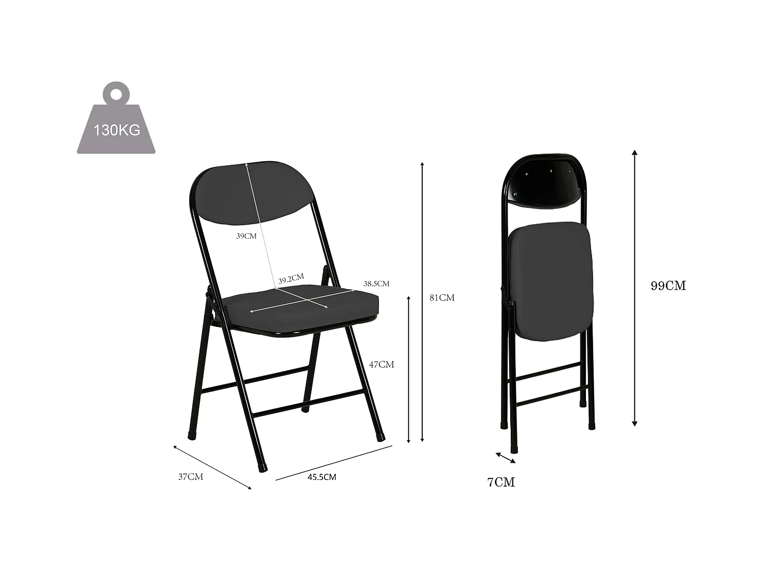 Hooma - Lot de 4 chaises pliantes confortables rembourrées avec coussin en PVC - Noir