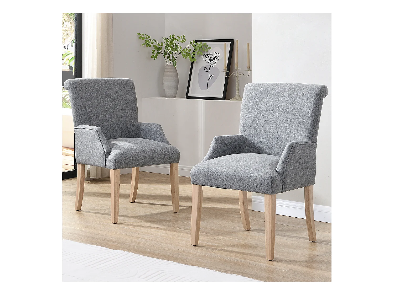 Juego de 2 sillas de cocina con reposabrazos, tela de lino, patas de madera natural clara, color gris