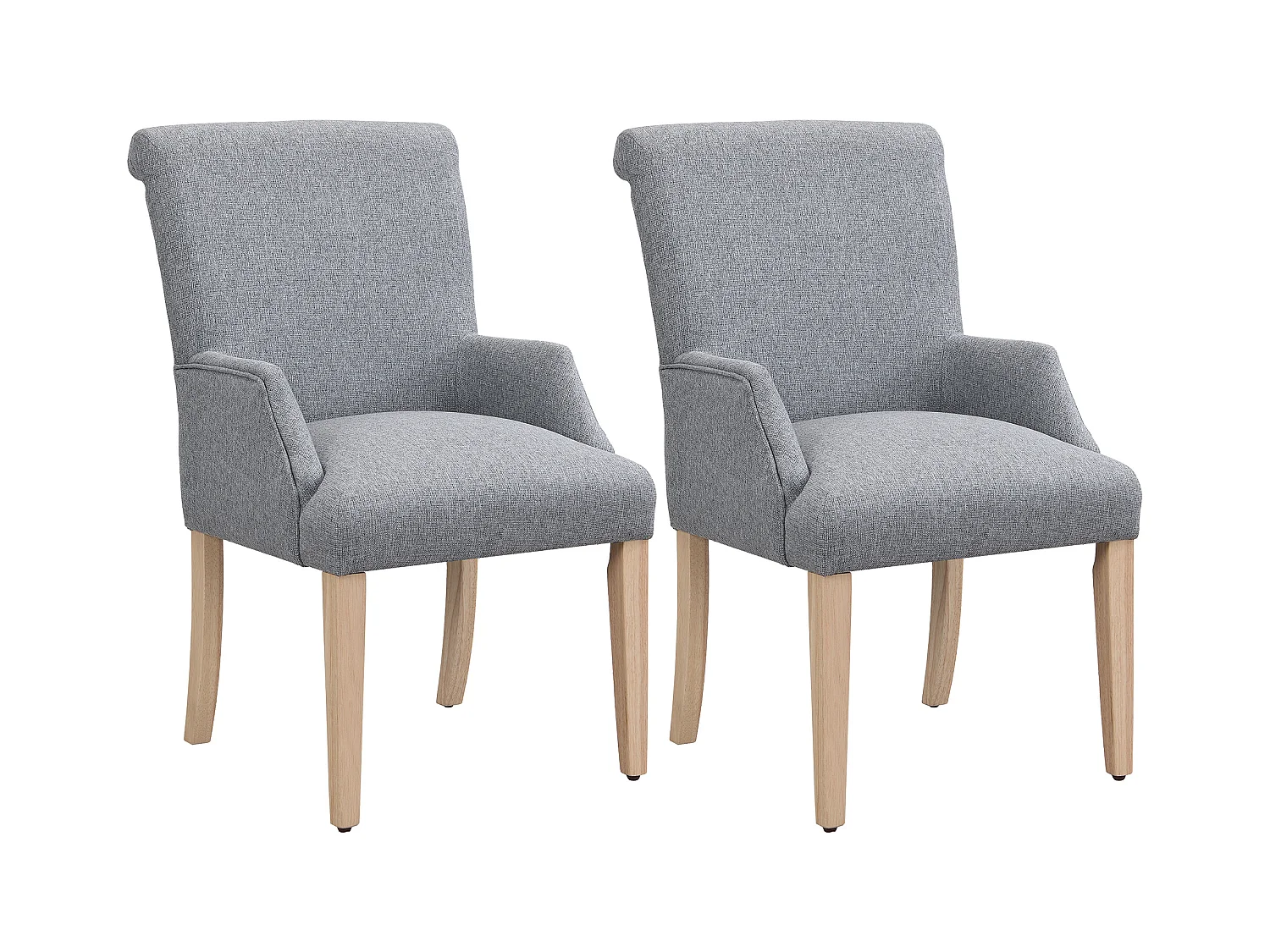 Lot de 2 chaises de cuisine avec accoudoirs, tissu en lin, pieds en bois naturel clair, gris