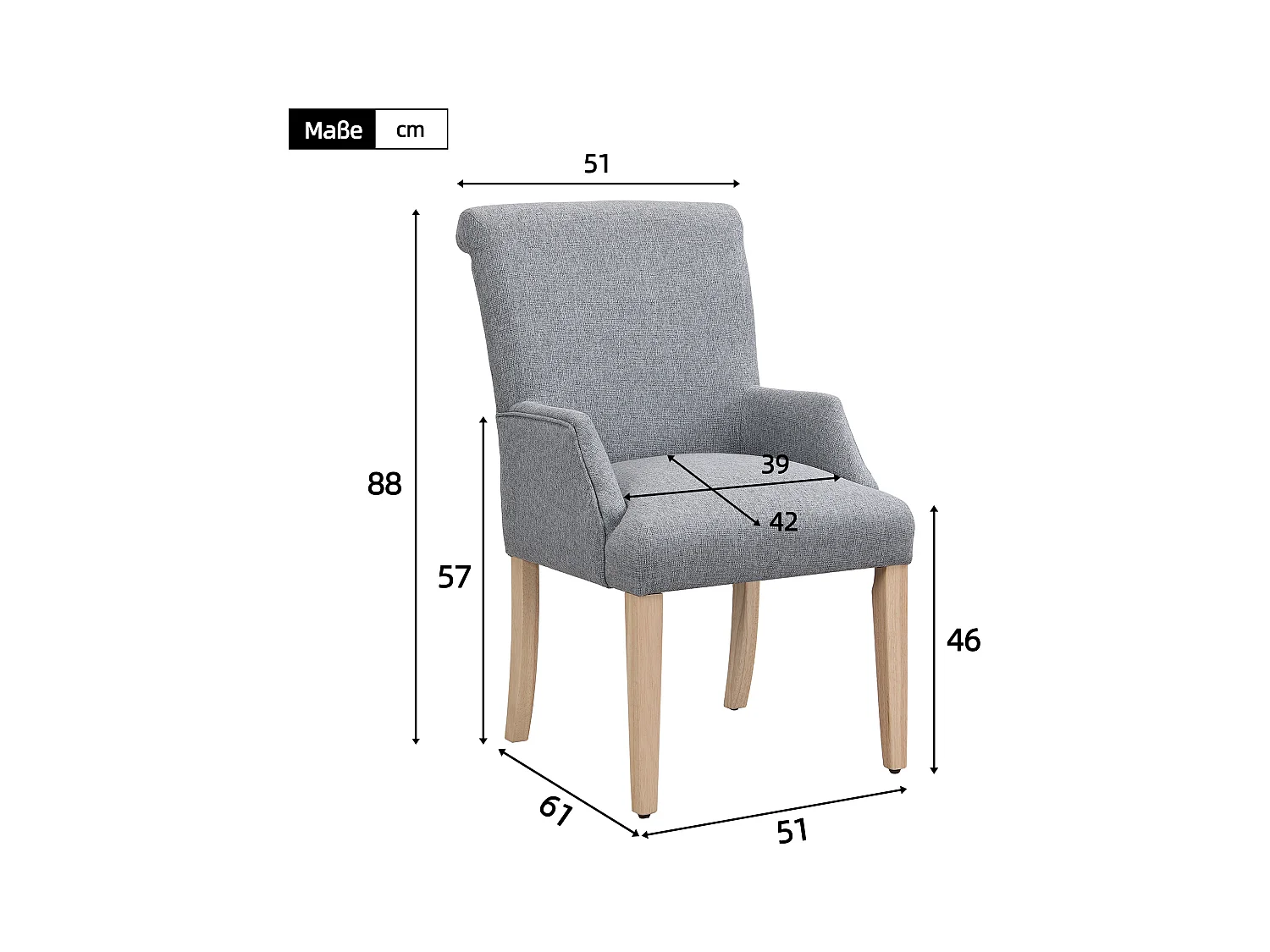 Lot de 2 chaises de cuisine avec accoudoirs, tissu en lin, pieds en bois naturel clair, gris
