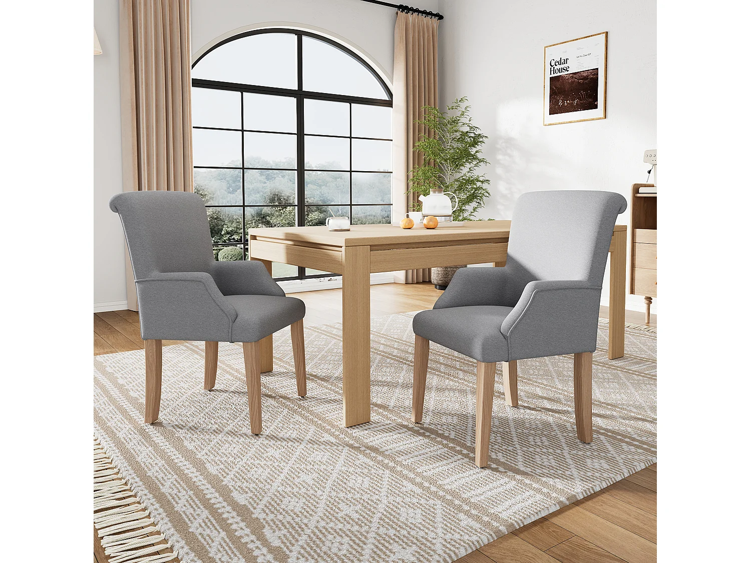 Lot de 2 chaises de cuisine avec accoudoirs, tissu en lin, pieds en bois naturel clair, gris