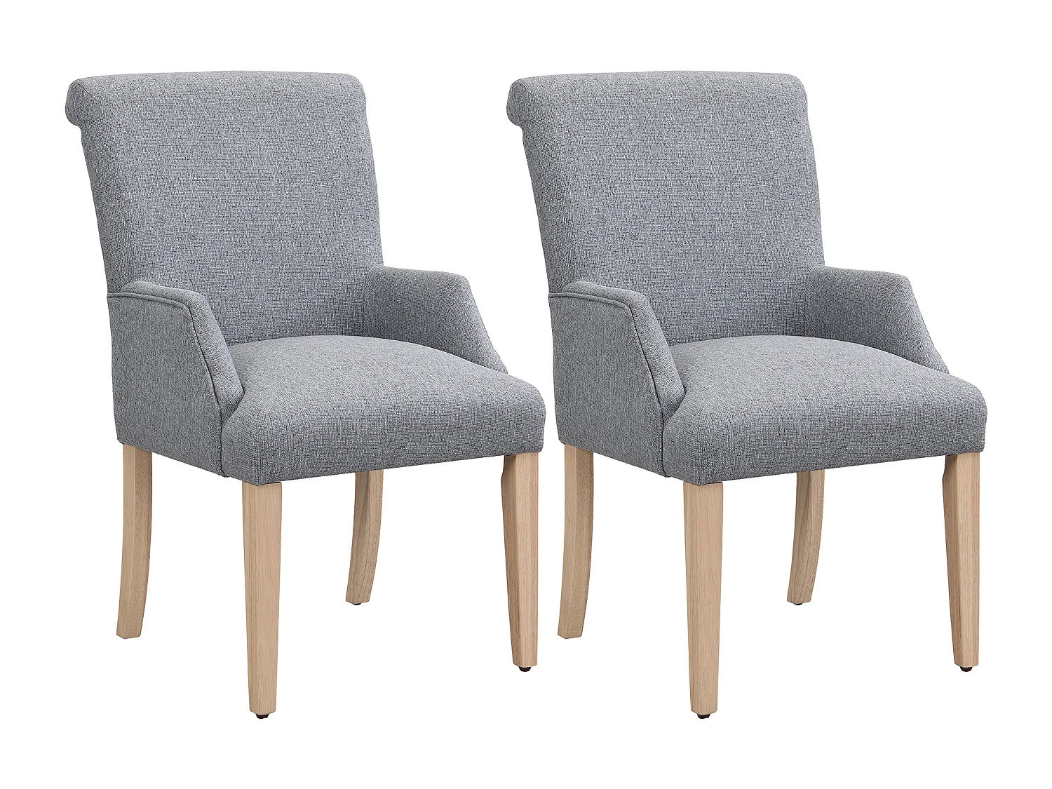 Lot de 2 chaises de cuisine avec accoudoirs, tissu en lin, pieds en bois naturel clair, gris