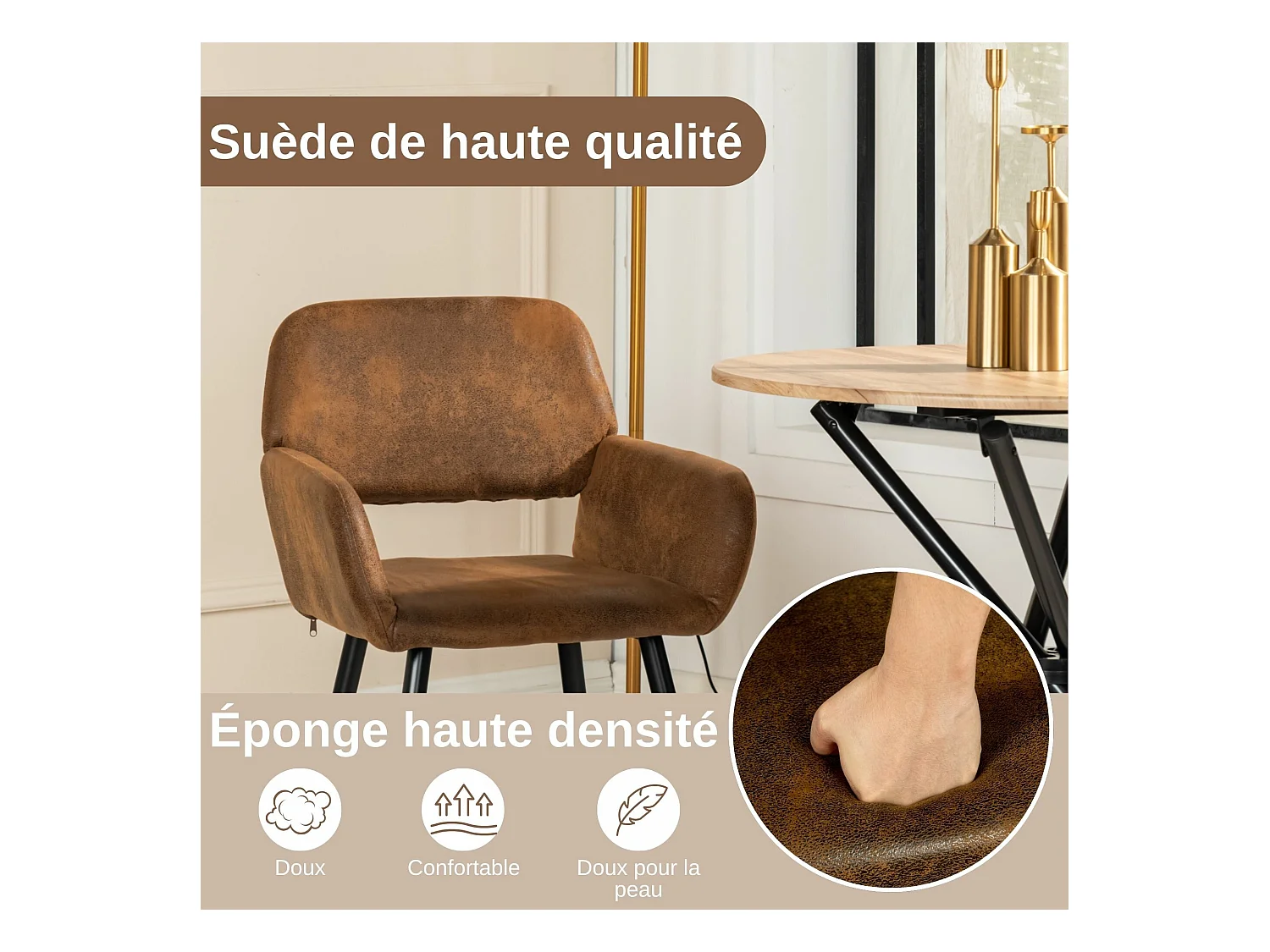 URBAN MEUBLE Lot de 4 chaises de salle à manger style industriel tissu marron rétro pieds noirs