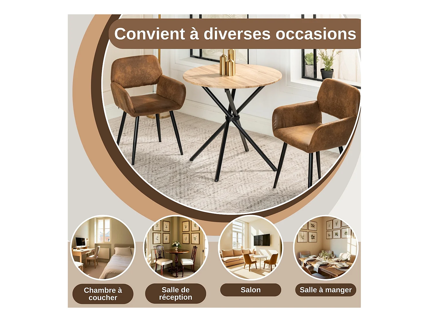 URBAN MEUBLE Lot de 4 chaises de salle à manger style industriel tissu marron rétro pieds noirs