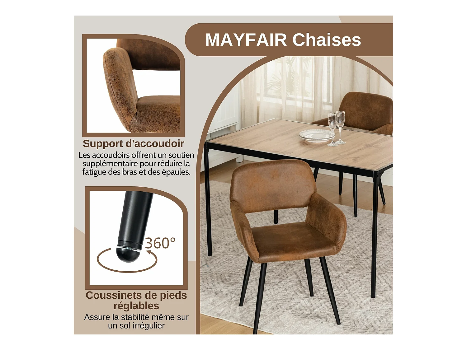 URBAN MEUBLE Lot de 4 chaises de salle à manger style industriel tissu marron rétro pieds noirs