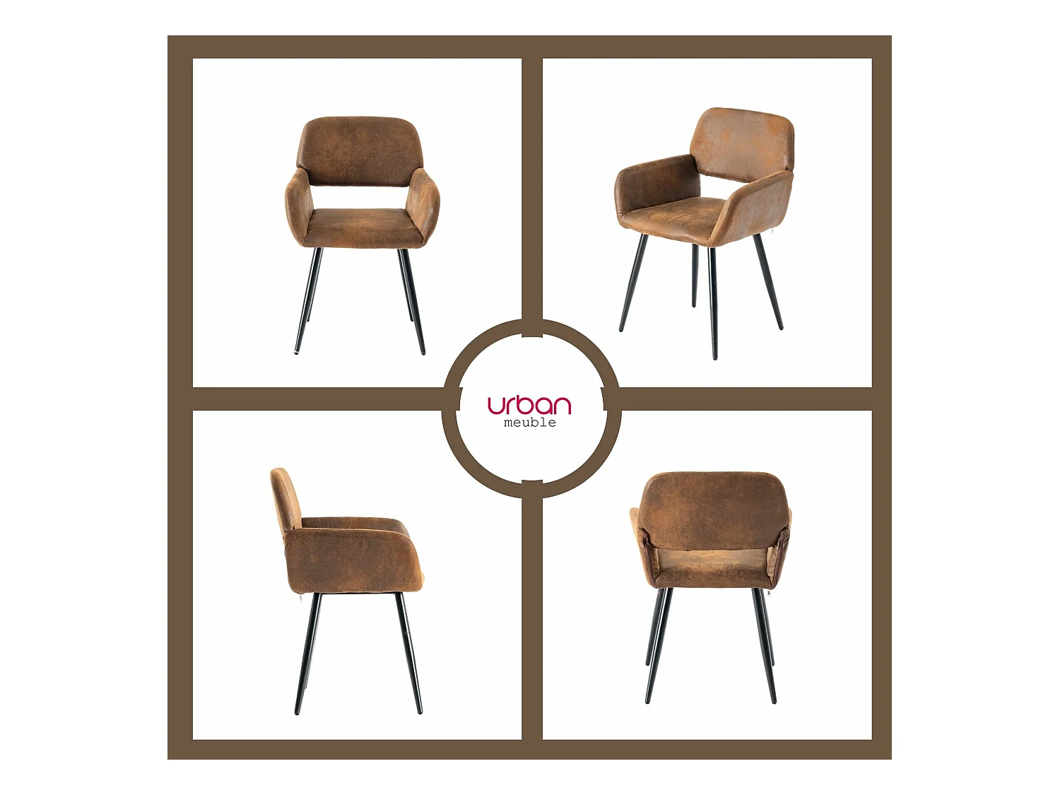 URBAN MEUBLE Lot de 4 chaises de salle à manger style industriel tissu marron rétro pieds noirs