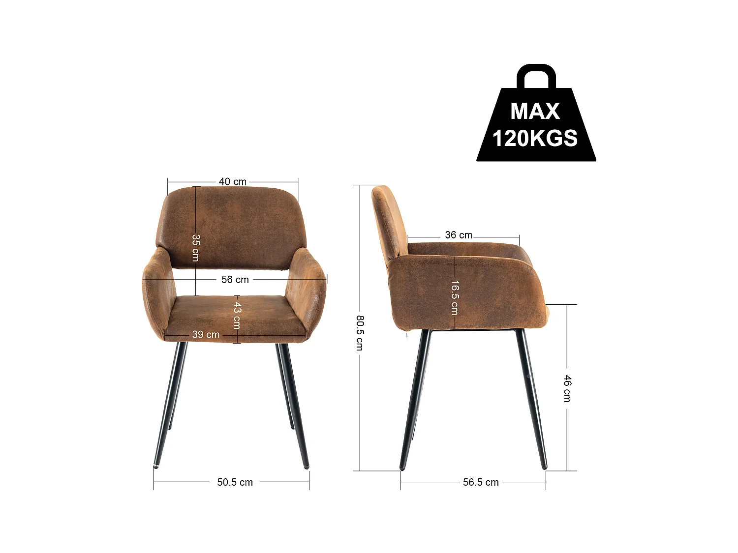 URBAN MEUBLE Lot de 4 chaises de salle à manger style industriel tissu marron rétro pieds noirs