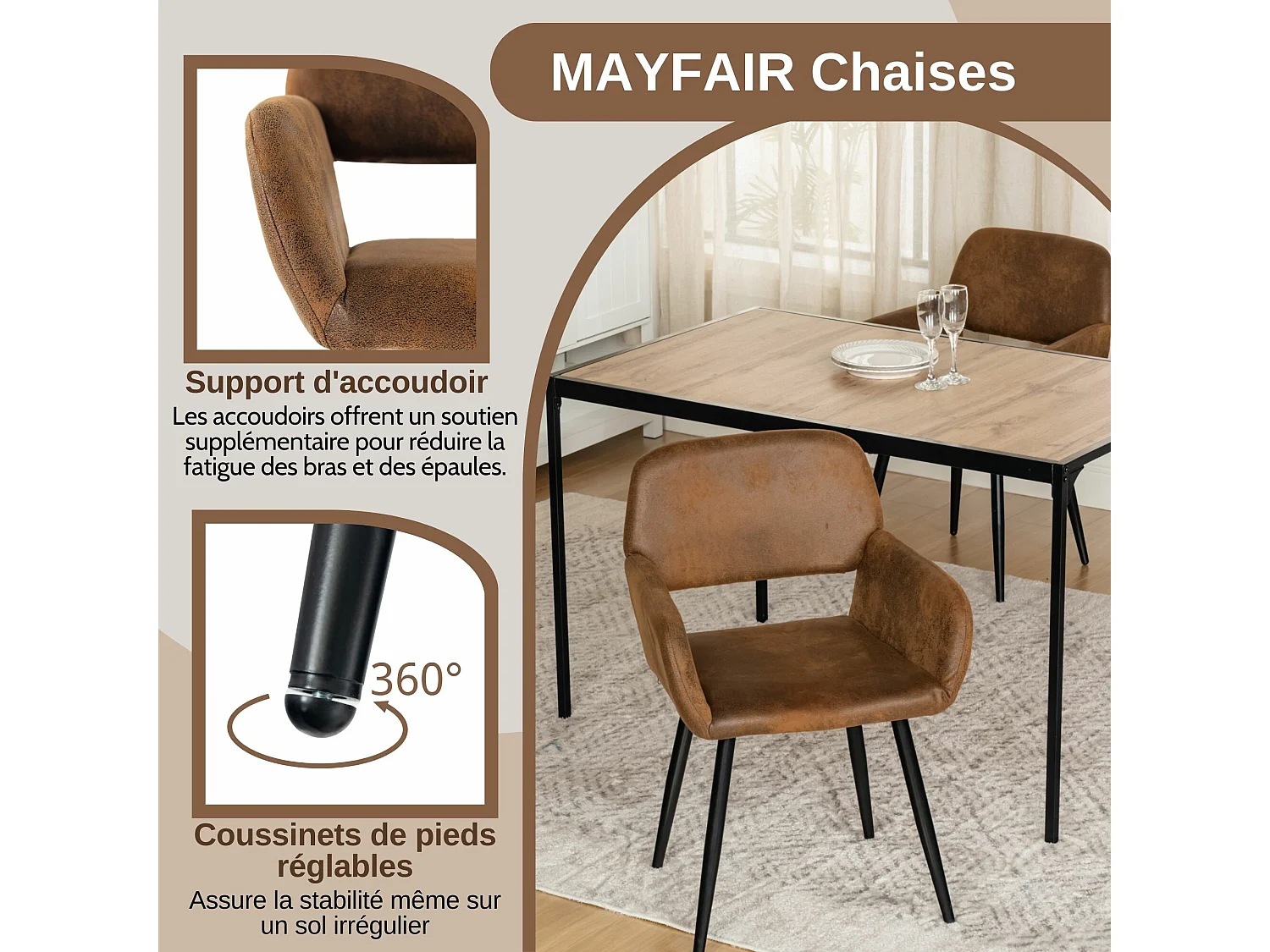 URBAN MEUBLE Lot de 4 chaises de salle à manger style industriel tissu marron rétro pieds noirs